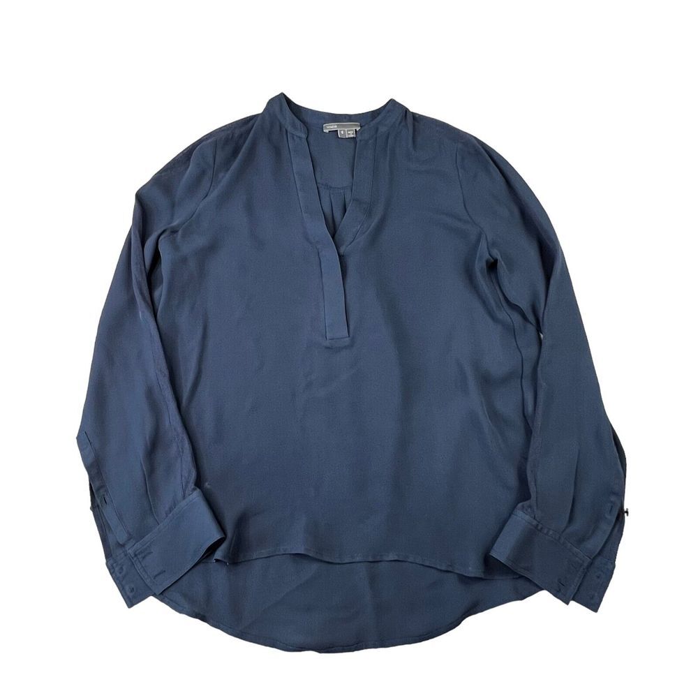 Vince Womens Blouse Top Size 6 Navy Long Sleeve V-Neck Split‎ Hem 100% Silk